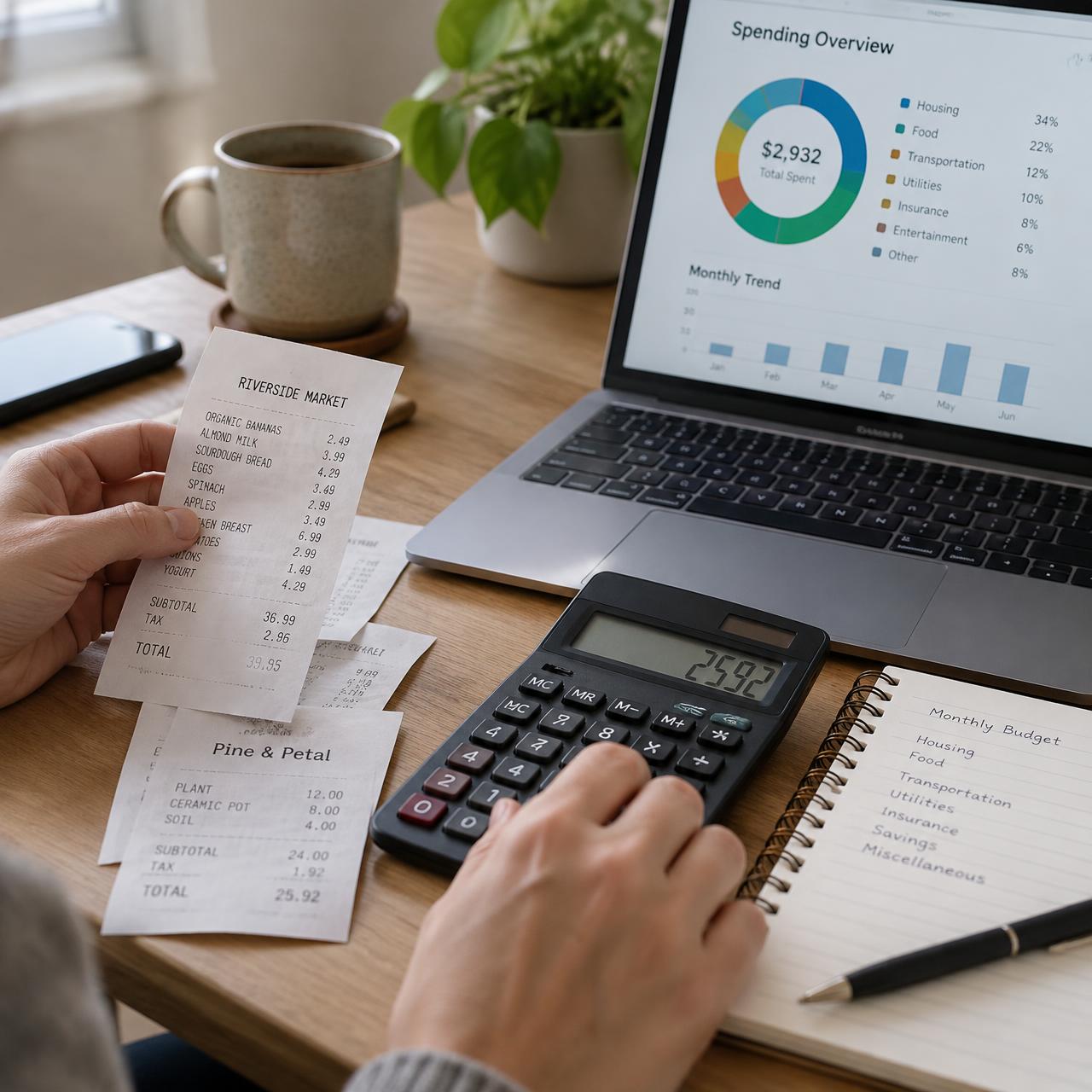 Reconciling receipts with a calculator and financial dashboard